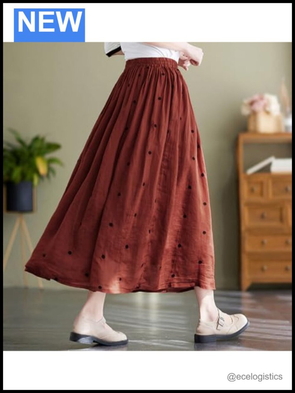 Women's Polka Dot A-Line Midi Skirt Cotton Pleated Boho Swing - Picture 3 of 5
